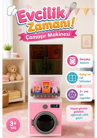 Oyuncak Çamaşır Makinesi Seti - Dolaplı, Raflı Ve Temizlik Aksesuarlı Evcilik Seti 3+ Yaş