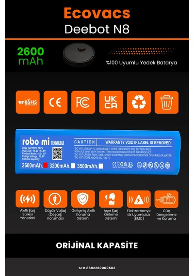 Ecovacs Deebot N8 Uyumlu 2600mah Robot Süpürge Bataryası - Kapasite