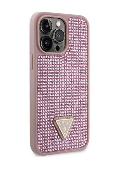 Apple Uyumlu iPhone 13 Pro Max Kılıf Guess Lisanslı Taşlı Arka Yüzey Üçgen Logolu Kapak Pembe