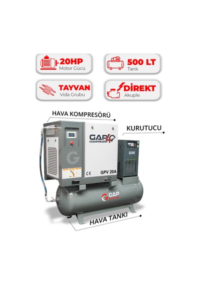 Hava Kompresörü Depo Üstü Vidalı 20hp 500lt Gpv20a