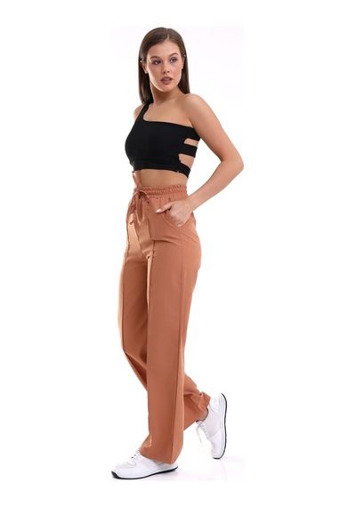 Winmoda34 Kadın Keten Palazzo Pantolon Önü Dikişli Kremit