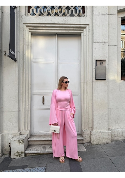 Bonacosa Kadın Viskon 3 Lü Takım Kimono + Beli Lastikli Salaş Pantolon + Sıfır Kol Kolsuz 8 Renk Pembe Bonacosa Kadın Viskon 3 Lü Takım Kimono + Beli Lastikli Salaş Pantolon + Sıfır Kol Kolsuz 8 Renk Pembe