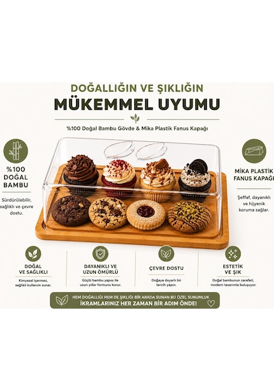 Çok Amaçlı Bambu Tabanlı Akrilik Kapaklı Kahvaltılık,sunumluk,peynir Tabağı,fanuslu Saklama Kabı,24x18,5 Cm Açık Kahverengi