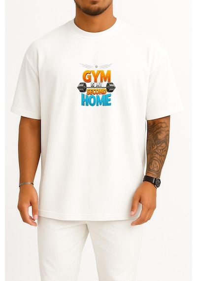 Bahriyeli Collection Oversize Gym Benim İkinci Evim Göğüs Baskılı Unisex T-shirt Beyaz