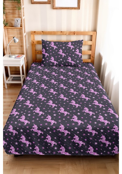 Evimde Bambaşka Unicorn Yıldızlı Antrasit Kız Çocuk Pike Takımı - Pembe Mor Bebek Odası Yatak Örtüsü - 160x220  CM