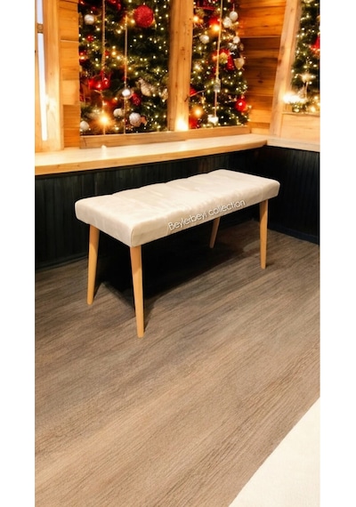 Ahşap Ayaklı Handmade Geniş Oturum Alanlı Krem Düz Kumaş Pofidik Puf Bench ,ayak Ucu Uzatmalık Krem Düz Kumaş