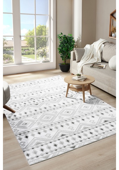 Raschel Carpet Premium Yıkanabilir Leke Tutmaz Modern Oturma Odası Halısı Etnik Desen Gri Kaymaz Taban Halı Çok Renkli