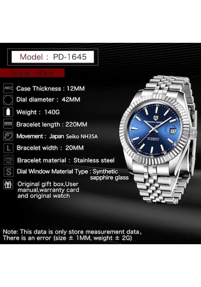 Pagani Design Pd-1645 42mm Safir Japan Seiko Nh35 Otomatik Erkek Kol Saati Siyah