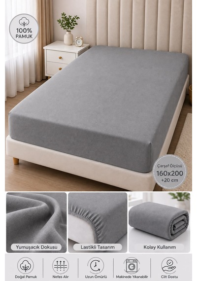 Barley Ogi Pamuklu Lastikli Çarşaf Çift Kişilik 160x200 + 20 Cm Gri