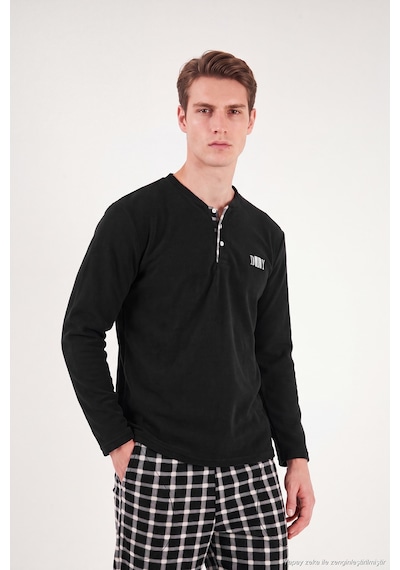 Buratti Kareli Düğmeli Hakim Yaka Yumuşak Dokulu Polar Pijama Takımı Erkek Pijama Takımı 6097023 Siyah