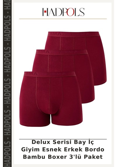 Hadpols Delux Serisi Bay İç Giyim Esnek Erkek Bordo Bambu Boxer 3'lü Paket