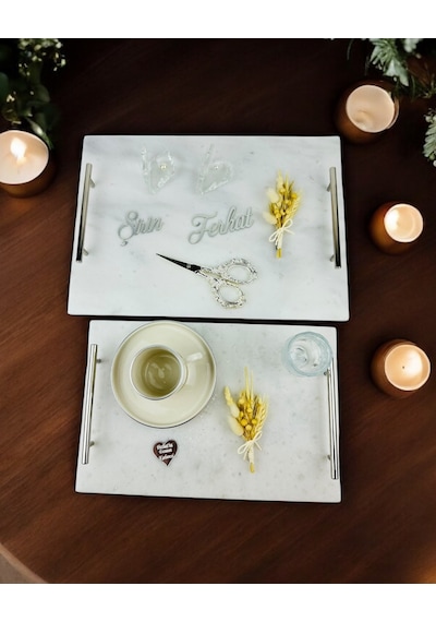 Gümüş Mermer Söz Tepsisi Ve Damat Kahve Fincan Tepsisi Mavi Mavi