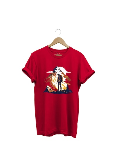 Mountain Dağ Yürüyüşü Ve Kar Manzara Baskılı %100 Pamuk Unisex Regular Fit T-shirt Kırmızı