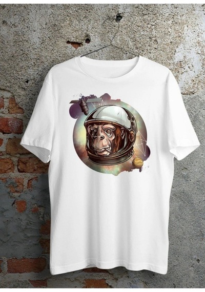 Startmore Unisex Beyaz Astronot Maymun Baskılı Oversize Bisiklet Yaka Tişört Beyaz