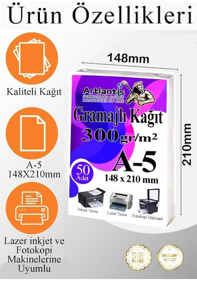 A4 Gramajlı Fotokopi Kağıdı 50 Adet 300 Gr Sertifika Kağıdı Kalın Kağıt Baskı Tüm Yazıcılara Uyumlu 21x29.7cm Ofis Büro