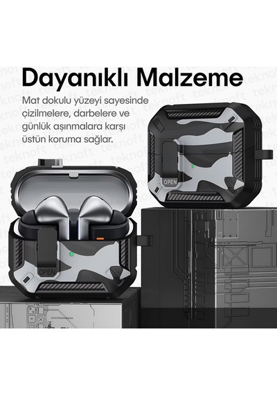 Samsung Galaxy Buds 3 Pro, Buds 3 Ve Buds 3 Fe İle Uyumlu Mandallı Kapak Kilit Sistemli Mat Dokulu Darbelere Dayanıklı Kamuflaj Silikon Kılıf Siyah