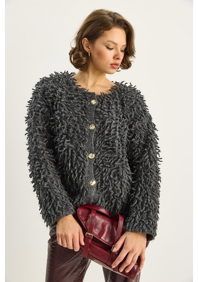 Shade Kadın Oversize Saçaklı Triko Hırka 9062 60283750 - Antrasit