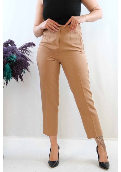 2k Moda Çizgi Yüksek Bel Pantolon Vizon 001