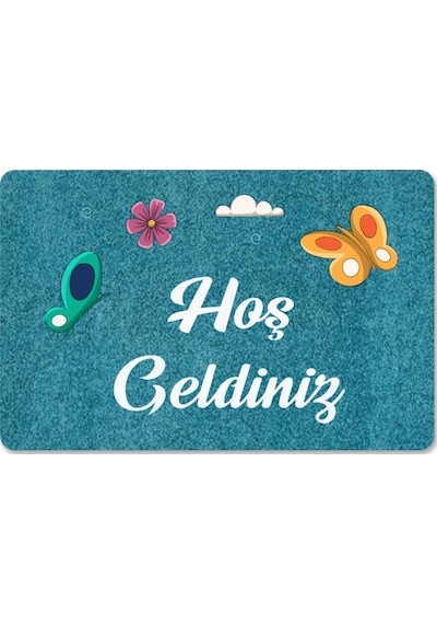 Dijital Baskılı Kapı Önü Paspas Hoşgeldiniz Yazılı Çiçek Desen Ve Tavşan Iç Ve Dış Kapı Yıkanabilir Bebe Mavisi