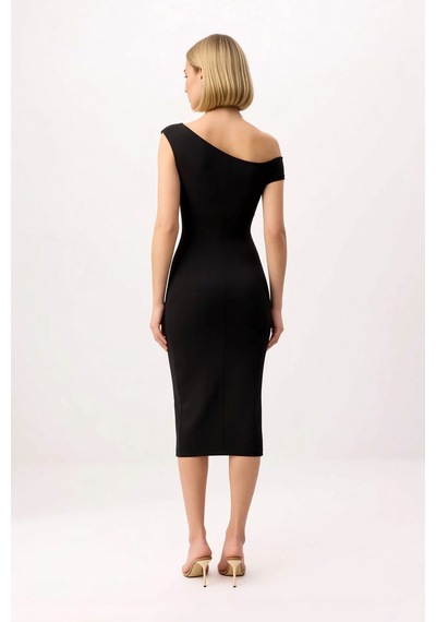 Benerly Kadın Asimetrik Yaka Düşük Kol Bodycon Midi Elbise Silky İnterlok Siyah
