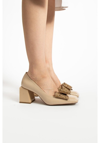 Paris Shoes Paris Bej Taşlı Fiyonklu Topuklu Ayakkabı Z0116-bej Bej