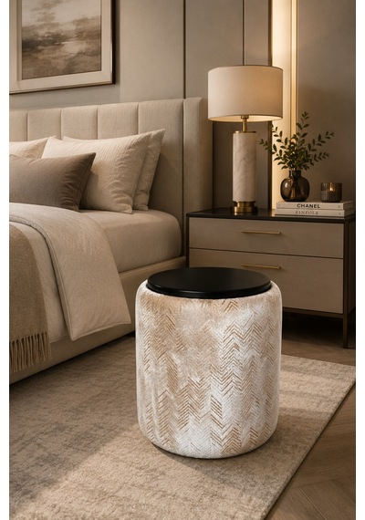 Premium Dokuma Kumaş Puf Sehpa 40x46 Cm Modern Yuvarlak Oturma Pufu Dekoratif Bej Gold - 878843025 Bej Gold