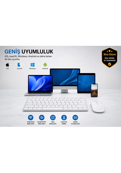 Kablosuz Klavye Mouse Seti Bluetooth Çoklu Cihaz Bağlantılı, Apple iOS Android Windows Macos Uyumlu, Ultra İnce Sessiz Klavye