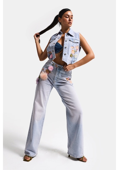 Itsbasic Kadın Kot Rengi 4s6-89 Straight Fit Gül Ve Nakış Detaylı Özel Tasarım Denim Jean Mavi