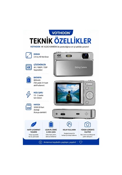 Magicool Dijital Kamera 4k Hd 48mp 8x Zoom Flaşlı Kayar Retro Video Kamera 2.4 Ekran 64gb Sd Kart Gümüş