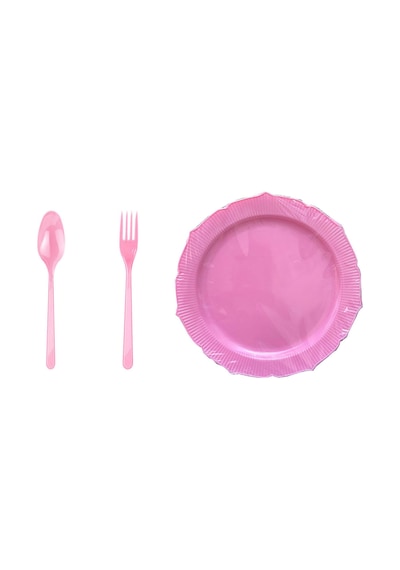 Omeyva 26 Cm. Plastik Mika Pembe Sorfa Piknik Seti - 72 Kişilik Tabak Çatal Kaşık Takımı
