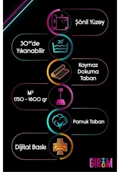 Şönil Oyuncu Odası Halısı Kaymaz Pamuk Tabanlı Yıkanabilir Antibakteriyel Gamer Gaming Halısı 140x200 Diğer