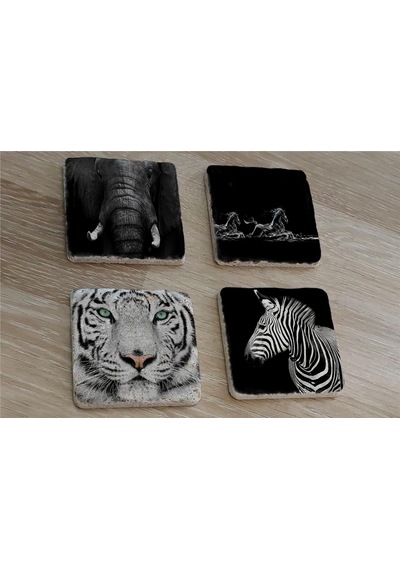 Siyah Beyaz Fil At Kaplan Zebra Doğal Taş Bardak Altlığı 4'lü Set - Natural Stone Coasters - Taş Beyaz - Siyah