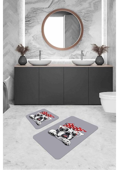 Gri Hayvan Temalı Banyo Halısı Klozet 2'li Paspas Seti Bs268n11