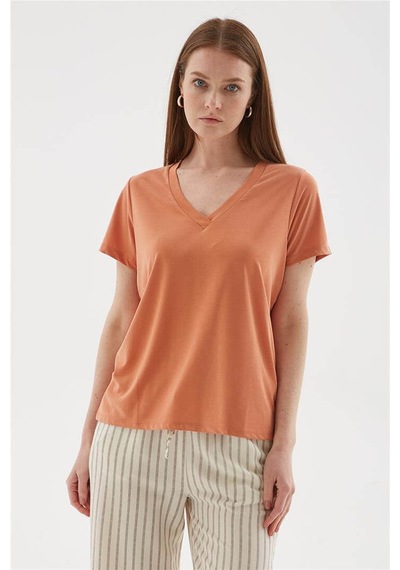 Fashion Friends V Yaka Turuncu Kadın Bluz 26y0144k1