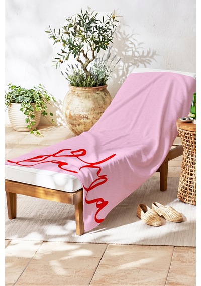 Pembe Yazı Detaylı Plaj Havlusu - Minimalist Pastel Kırmızı Oh La La Hızlı Kuruyan Mikrofiber Havlu Sedef Bahçe