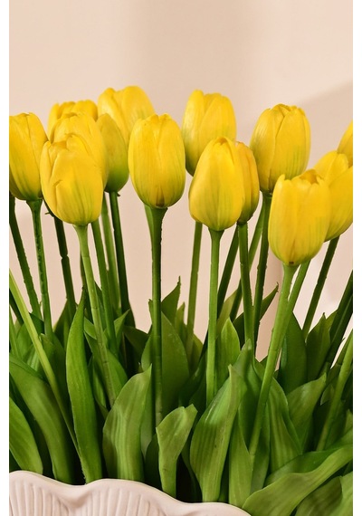 Sarı Yapay Tulipa Lale Çiçeği Buketi 5 Dallı Premium Canlı Islak Dokulu 43 Cm