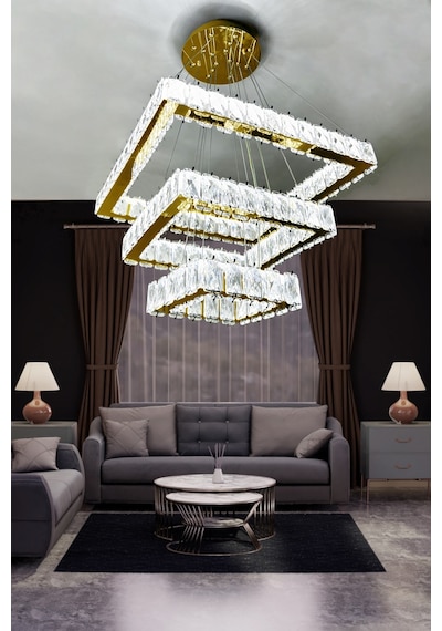Kare 3 Kat Kristal Taşlı Modern Led Avize Salon & Oturma Odası Çok Renkli