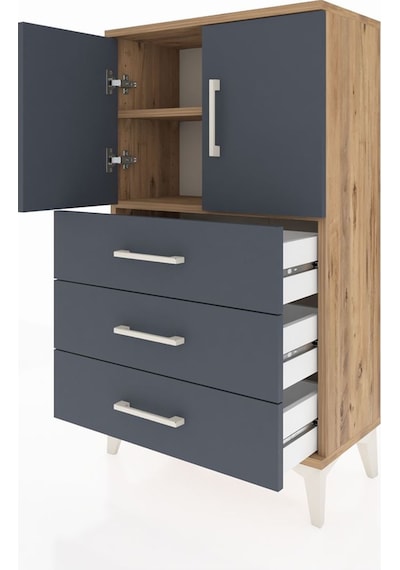 Arges Komodin 2 Raflı 3 Çekmeceli 2 Kapaklı 60x30x106 Çam-ant... Çam