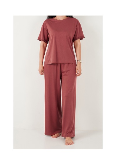 Lela Yumuşak Dokulu Bisiklet Yaka Lastikli Bel Kısa Kollu Pijama Takımı Bayan Pijama Takımı 65720102 Kiremit KİREMİT