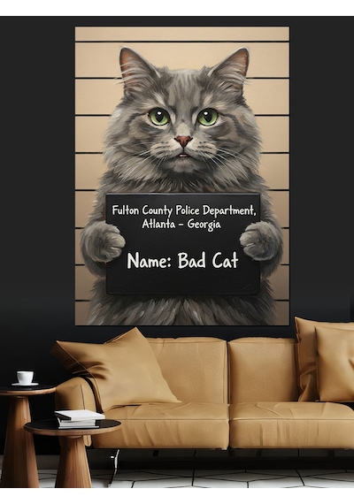 Tablo Mega Gri Kedi Komik Altyazı Dekoratif Kanvas - Mdf Ahşap Tablo