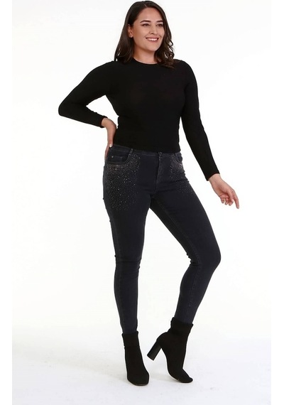 Myline Kadın Ön Cep Taş Baskı Denim Pantolon