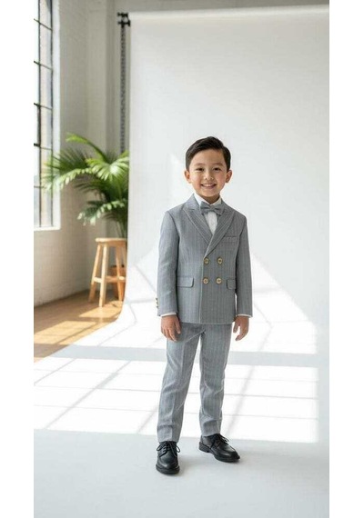 Bys Beystil Sivri Yaka Gri Çizgili Çocuk Kruvaze Elbise - Slim Fit