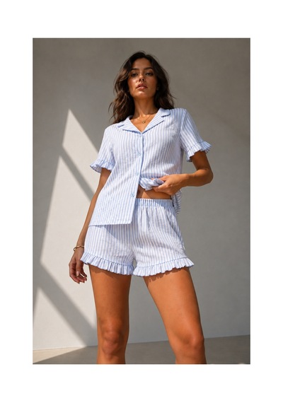 Fit Women Kadın Süprem Gömlek Şort Düğme Mavi Pijama Takımı