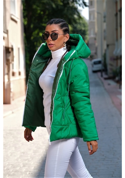 Keyifli Moda Kadın Yeşil Su Geçirmez Kapüşonlu Şişme Mont