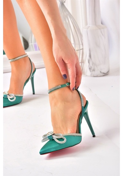 Fox Shoes Yeşil Saten Kumaş Taşlı Kadın Topuklu Ayakkabı K6540512