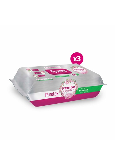 Puretex Yüzey Temizlik Havlusu Pembe Çiçekler 3x100 300 Yaprak Beyaz
