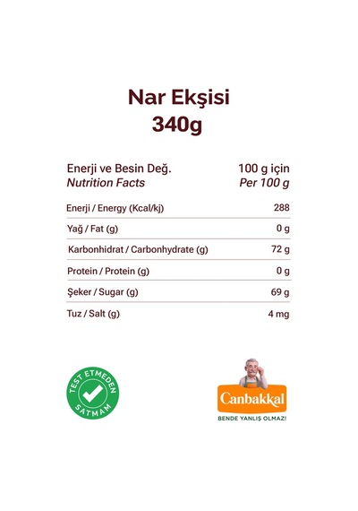 Canbakkal Nar Ekşisi Pestisit Analizli 340 G
