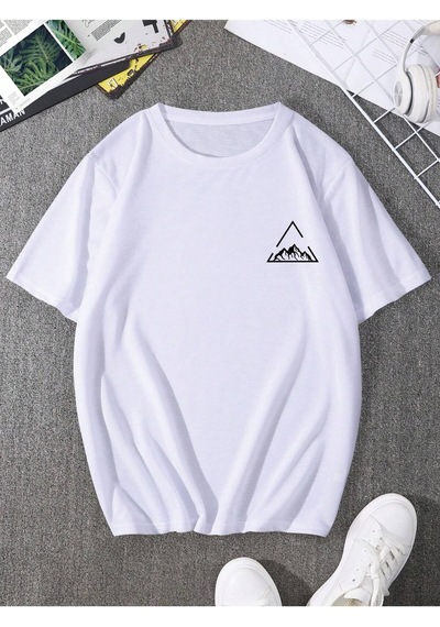 Üçgen Dağ T-shirt - Beyaz Baskılı Oversize Bisiklet Yaka Kısa Kol Tişört Beyaz