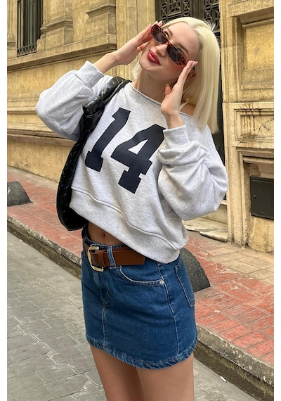 Karmelanj Kayık Yaka Baskılı Kadın Sweatshirt Mg2205