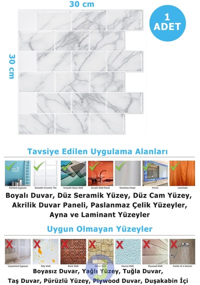 Technojet 3boyut Seramik Efekt Kendinden Yapışkanlı Beyaz Mermer Pvc Mutfak Tezgah Kaplama 30cm 30cm